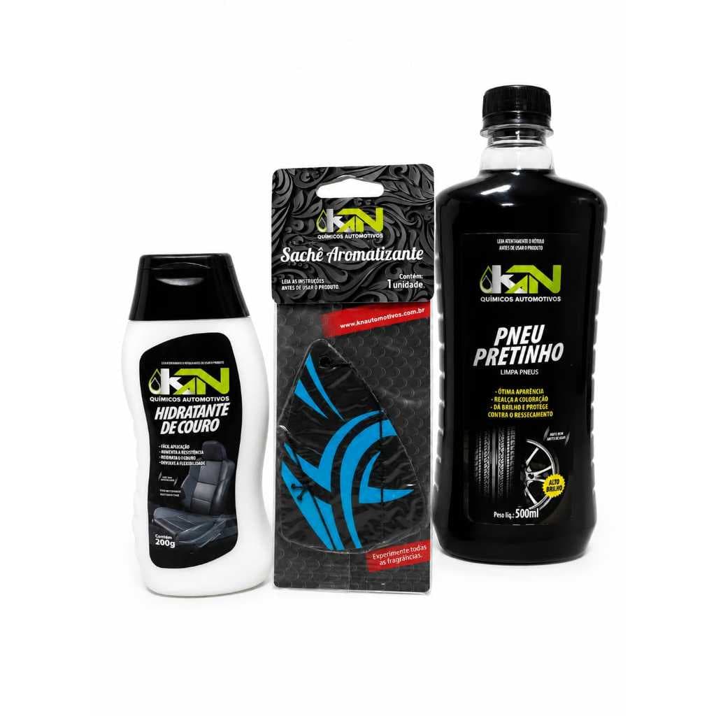 Kit Hidratante de Couro + Pretinho para Pneus + Aromatizante em Folha KN