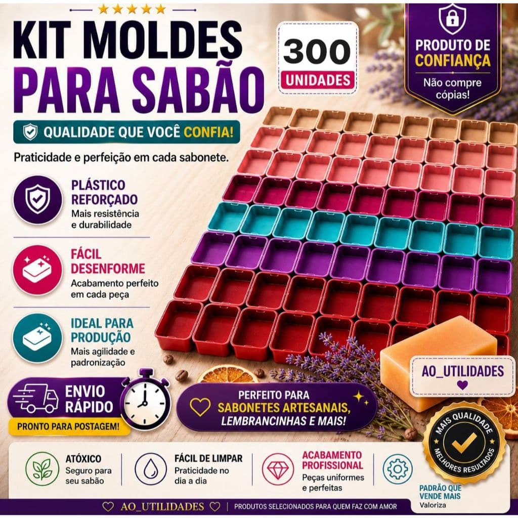 Kit 300 Formas Sabão e Sabonete Artesanal 250ml Plástico Reforçado Molde Barra Multiuso Com Tampa