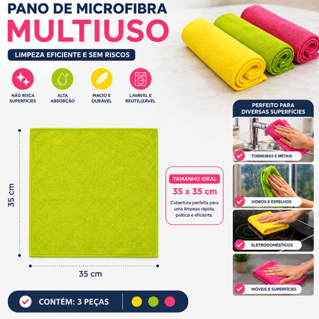 kit 3 Panos de Microfibra Multiuso 35x35cm Alta Absorção Limpeza Premium limpeza doméstica