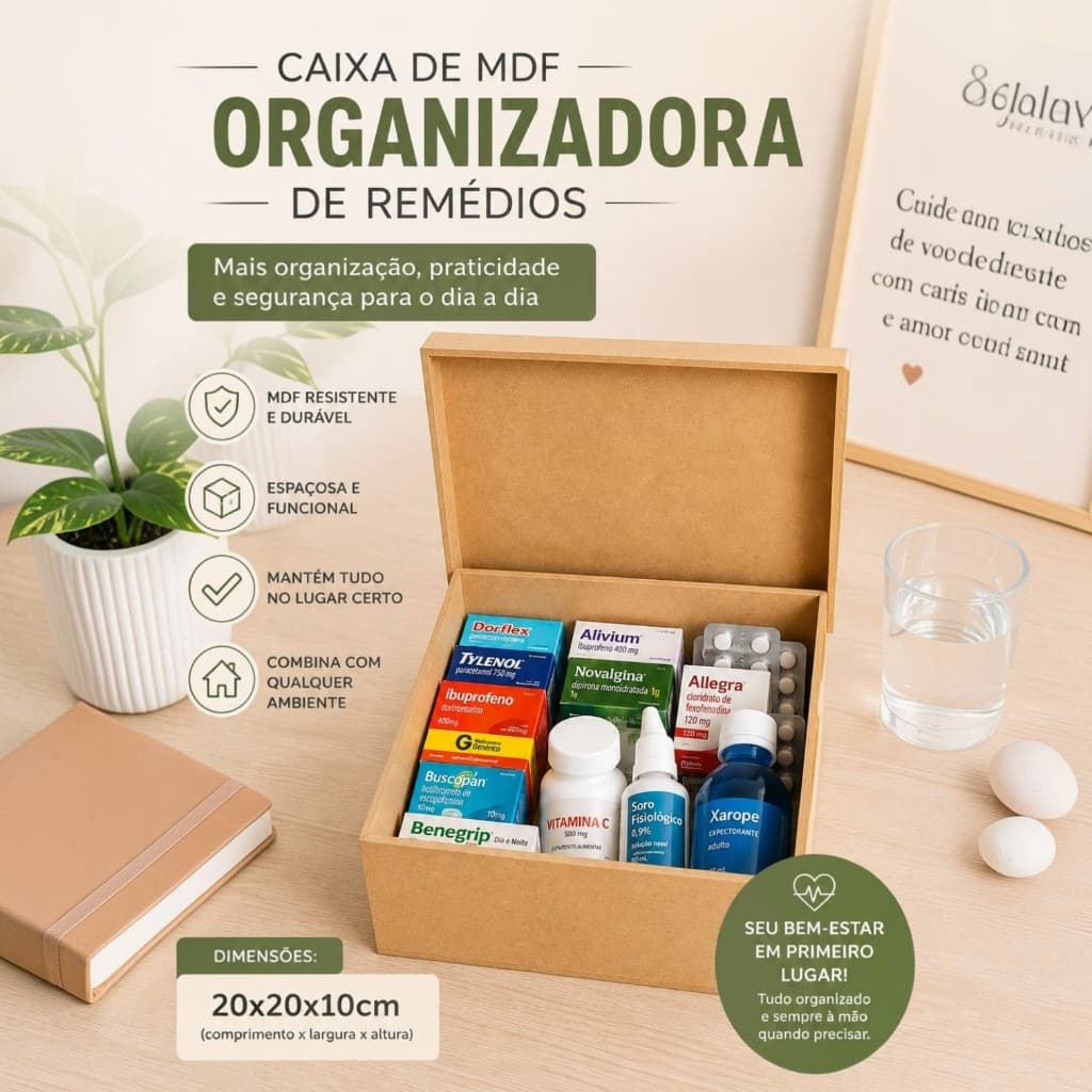 Caixa MDF Organizadora Remédios 20x20x10cm Porta Medicamentos Tampa Madeira Decorativa Farmacinha