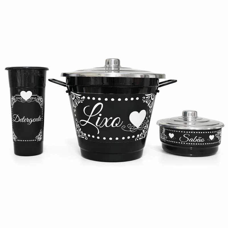 Kit Pia Cozinha 3 Peças Alumínio Decoupage - Porta Detergente Sabão E Lixeira