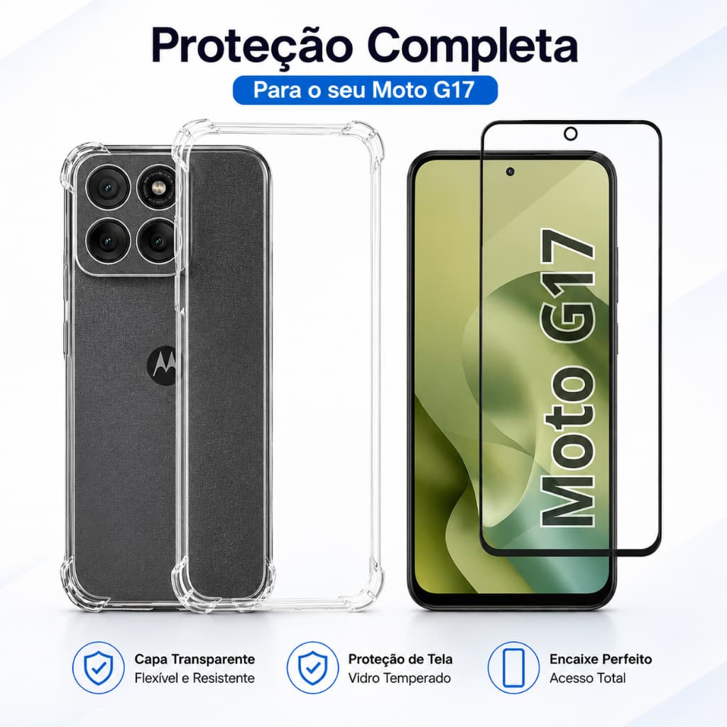 KIt Pelicula Vidro 3D Comparável Com Moto G17 + Capa Anti Shock Capinha Mororola