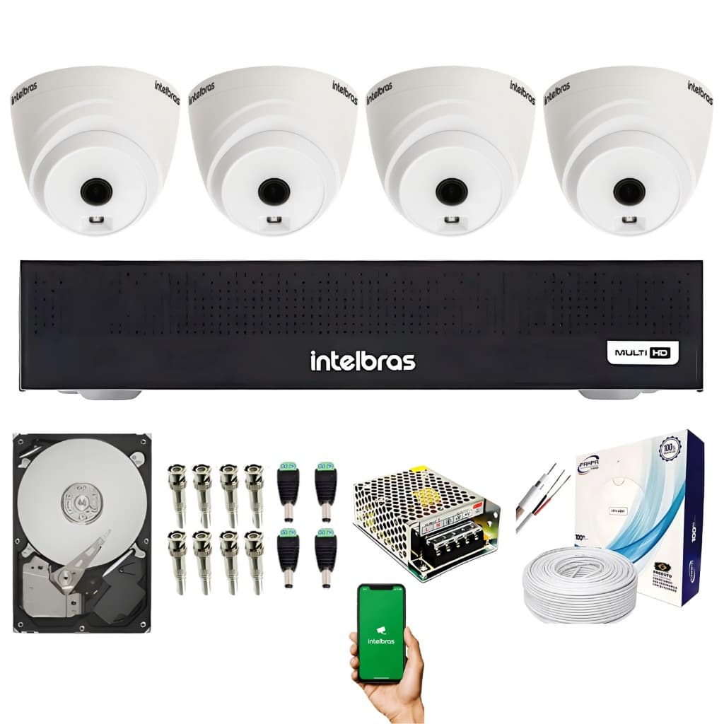 Kit 4 Câmeras de Segurança intelbras VHL 1120 Dome G2 completo com HD de 500 GB Dvr intelbras MHDX 1304