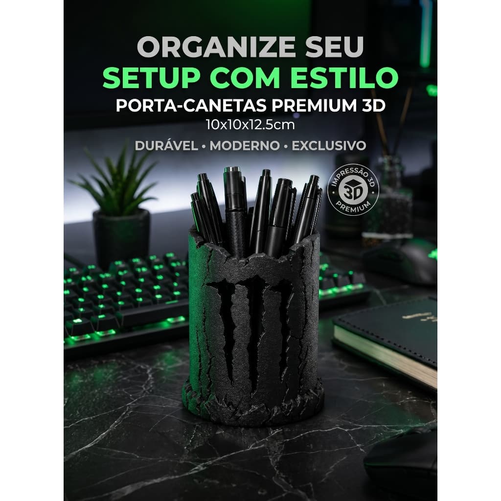 Porta Canetas Monster 3D Premium Gamer Organizador de Mesa Setup Escritório Decorativo