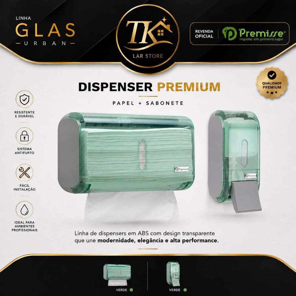 Dispenser Linha Urban Glas Saboneteira Reservatório 400ml Toalheiro Compacto Verde Cristal Banheiro Lavabo Premium Moder