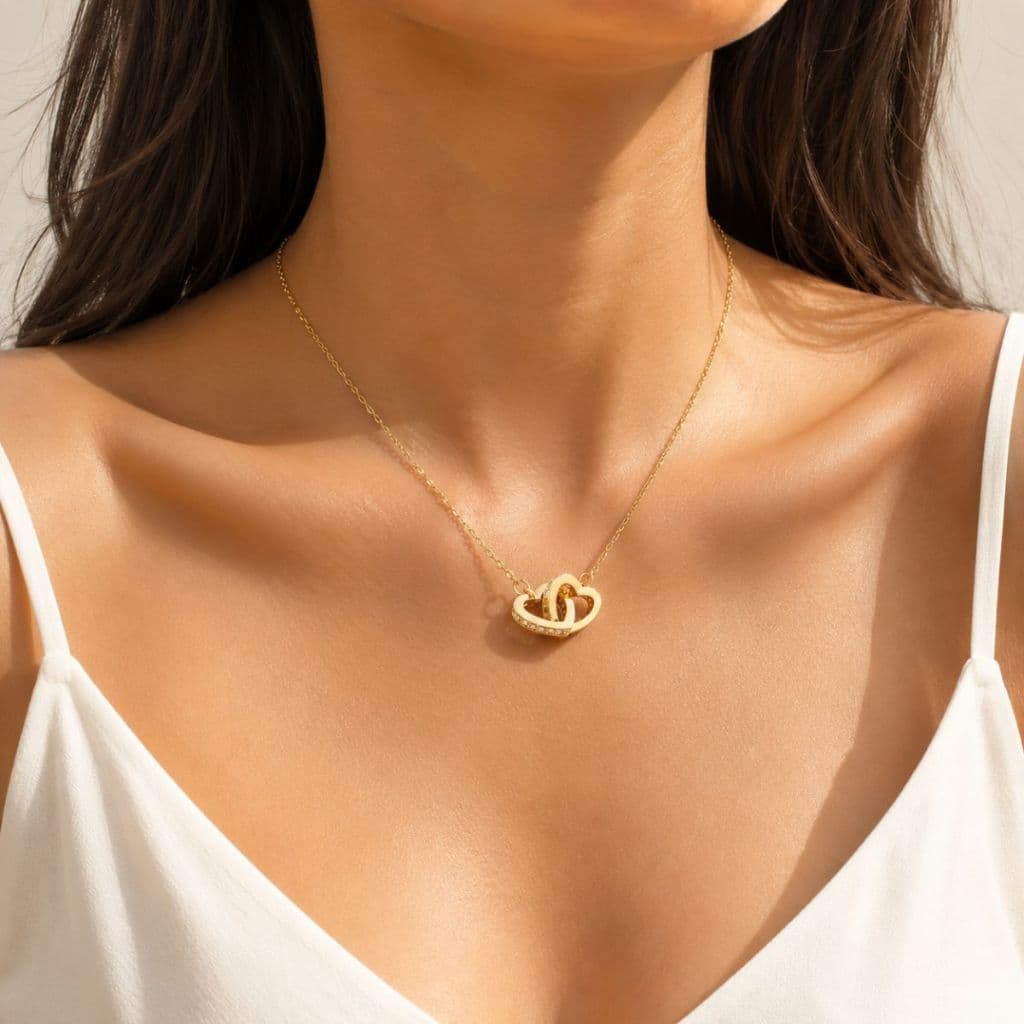 Colar Feminino Pingente Coração Entrelaçado Dourado com Caixinha de Veludo