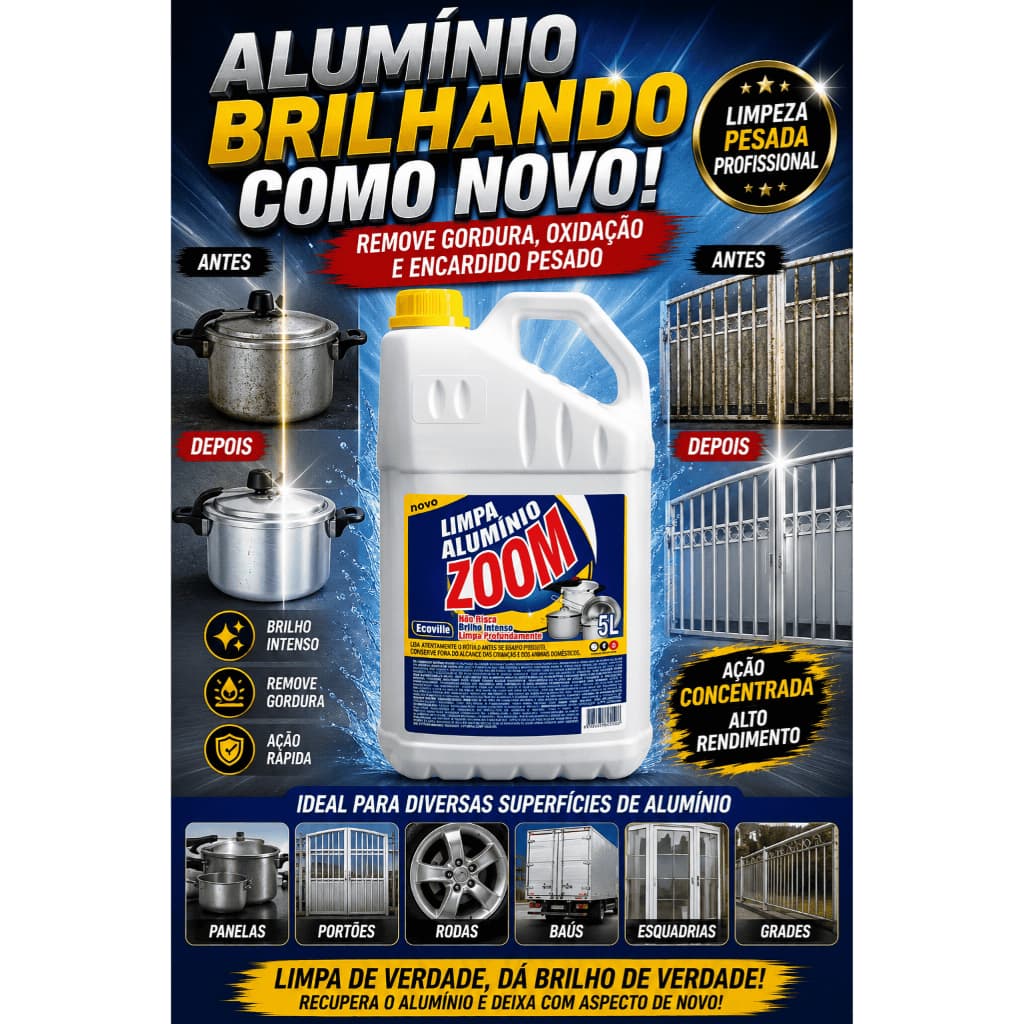 Limpa Alumínio 5L Concentrado Remove Gordura, Oxidação e Encardido, Dá Brilho Intenso em Panelas, Portões e Alumínio