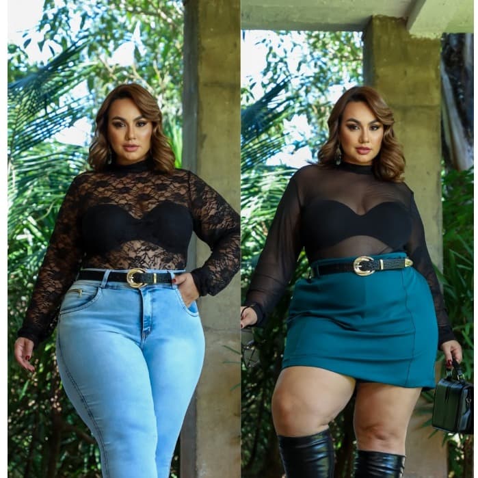Blusa Gola Alta Renda e Tule Transparente Plus Size  com Elasticidade Conforto Elegância Não Amassa
