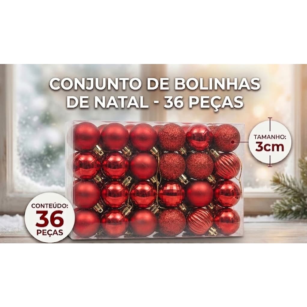 🌲 Conjunto De Bolinhas De Natal Vermelhas – 36 Peças (3cm)