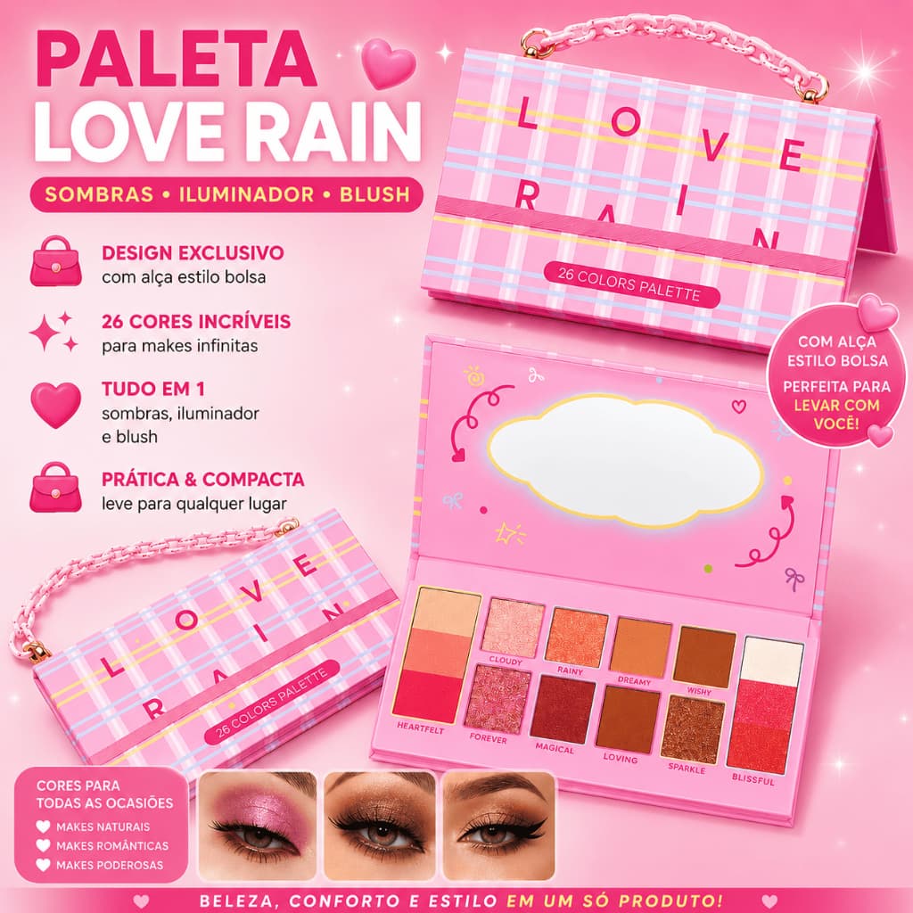 Paleta Love Rain Multifuncional – Sombras + Iluminador + Blush | Design Bolsa Fashion