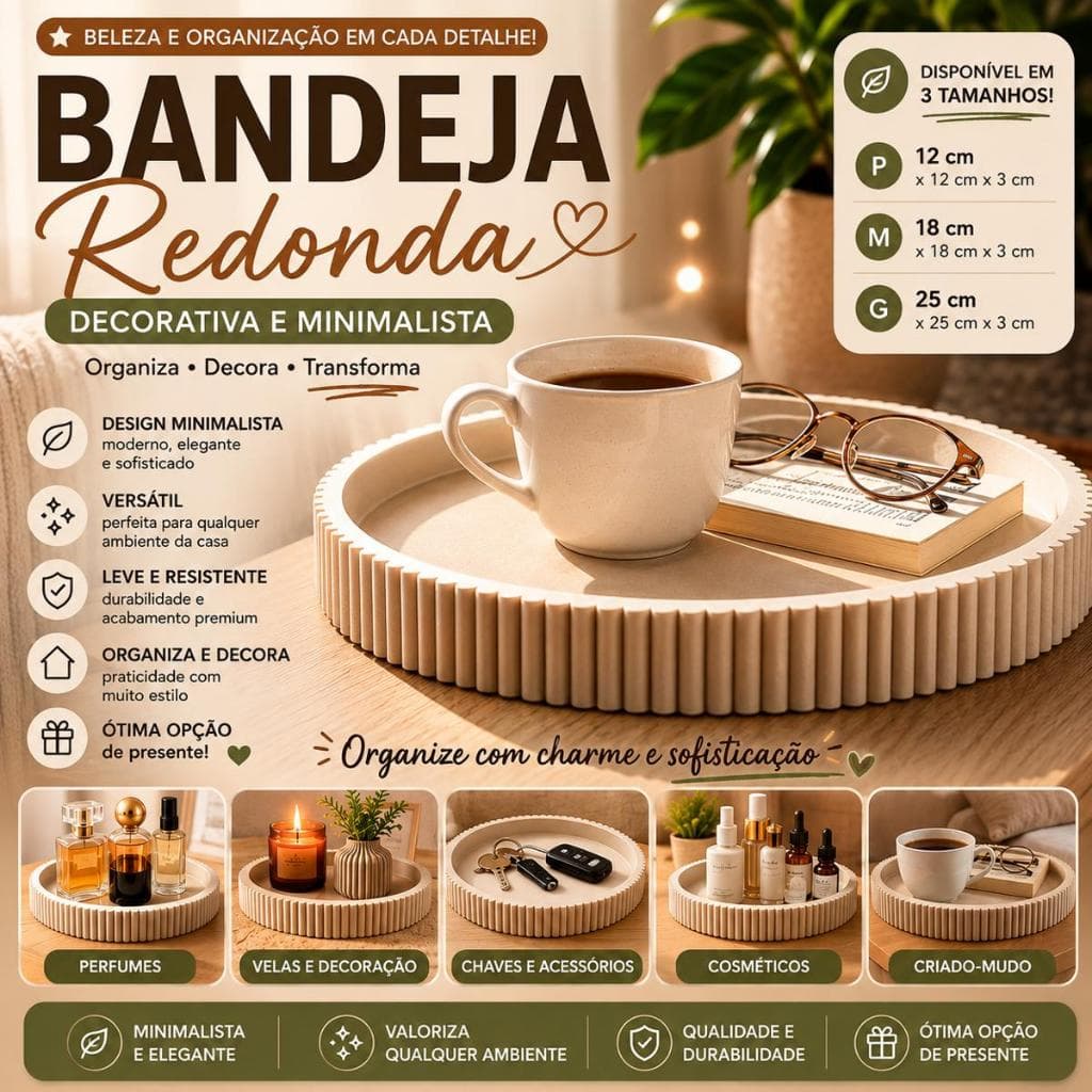 Bandeja Decorativa Redonda Minimalista | Organizador para Perfumes, Cozinha e Bancada