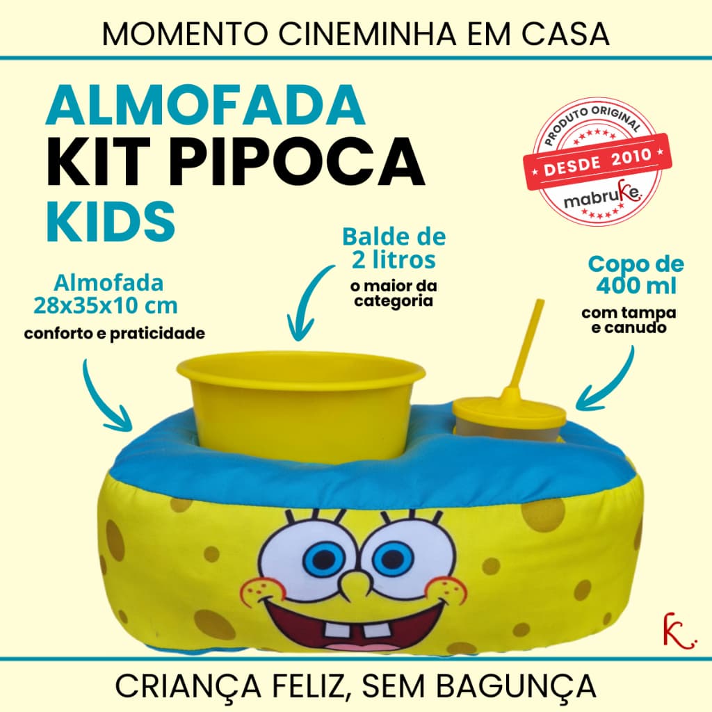 Kit Pipoca Infantil KIDS🍿 Presente Criativo | Almofada Porta Balde e Copo Para Sofá