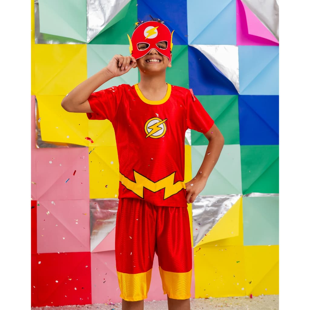 Fantasia Flash Infantil Menino Curta Máscara E Roupa Super Herói Carnaval