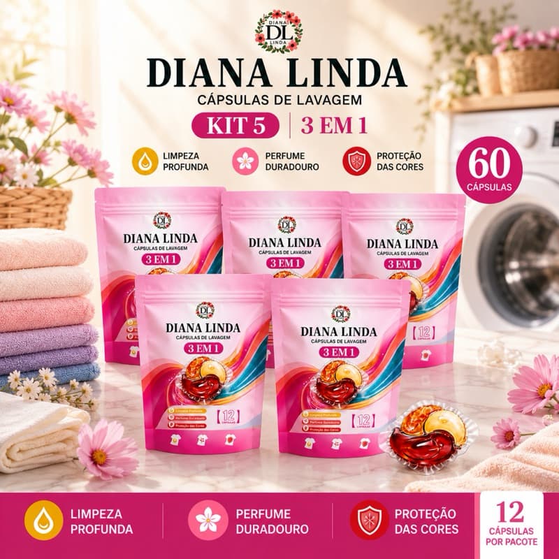 Kit 5 Cápsulas de Lavagem 3 em 1 Diana Linda 60 Pods Sabão Premium Perfume Duradouro