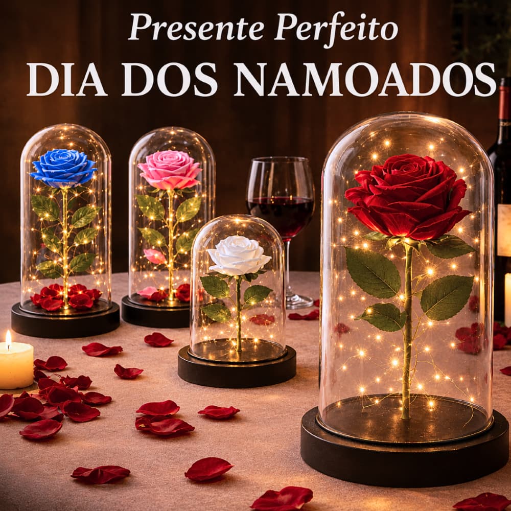 Flor na Cúpula Luminária Rosa Encantada com LED Presente Dia dos Namorados A Bela e a Fera