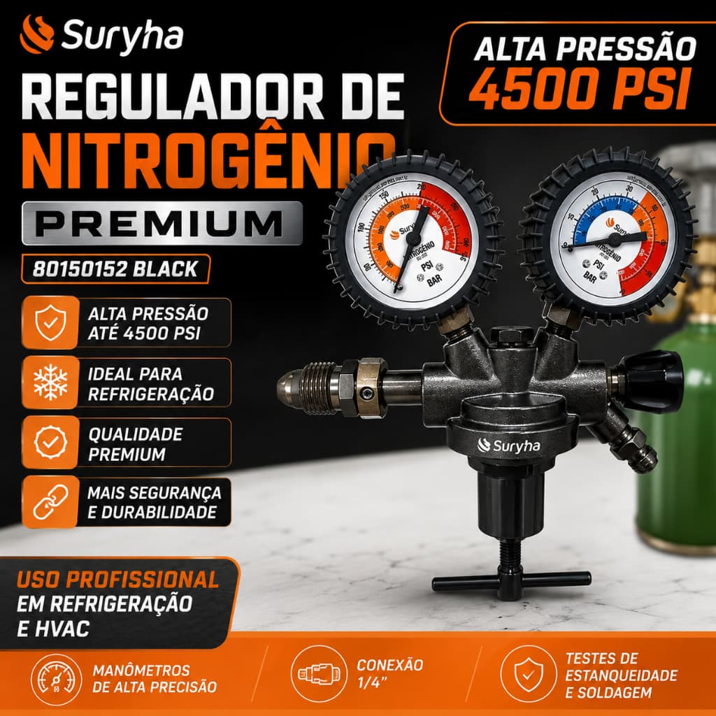 Regulador de Nitrogênio Premium Suryha 80150152 Black Alta Pressão 4500 PSI para Refrigeração