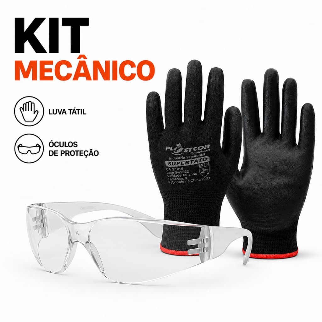 Kit Mecânico EPI Luva Tátil SuperTato e Óculos de Proteção Segurança Profissional