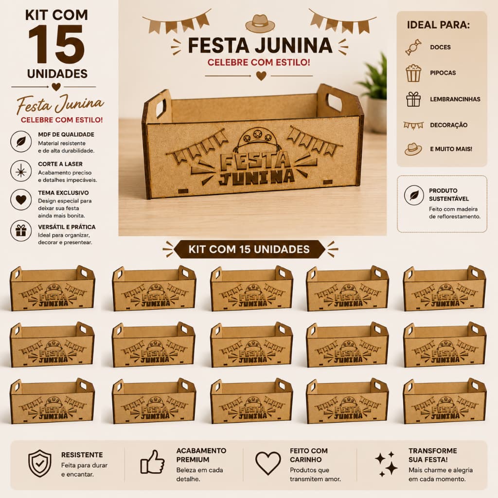 Decoração Festa Junina Kit 15 Caixote Mdf Lembrancinha