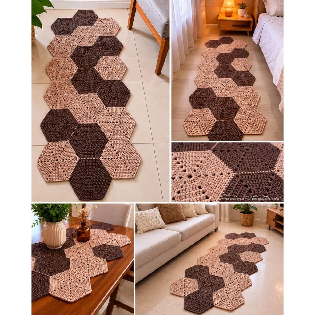 Tapete de Crochê Hexagonal Marrom e Bege Artesanal para Sala Quarto e Mesa