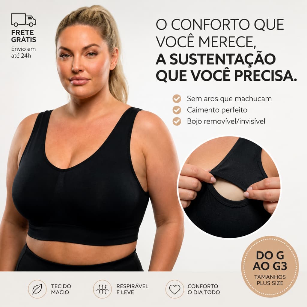 Sutiã Top Plus Size Reforçado COM BOJO Removível Tamanho Grande Confortável