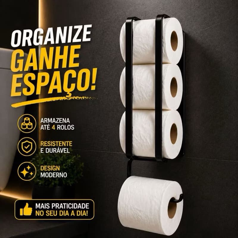 Compre até 3 Suporte Porta Papel Higiênico Parede 4 Rolos Preto Fácil Fixação Dupla Face ou Parafusos
