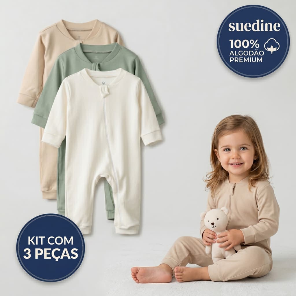 Kit 3 Macacão De Bebê Suedine 100% Algodão Egipcio Com Ziper Longo Rn/p/m/g/01