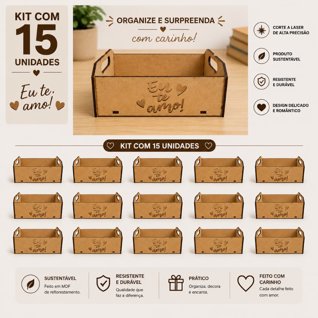 Kit 15 Caixote de Madeira Mdf Eu Te Amo Lembrancinha Presente Decoração