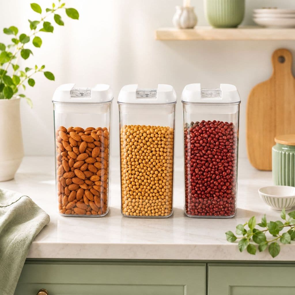 Kit 3 Potes Herméticos Acrílico 1200ml Mantimentos Organizador Vedação Cozinha Colheres e Adesivos