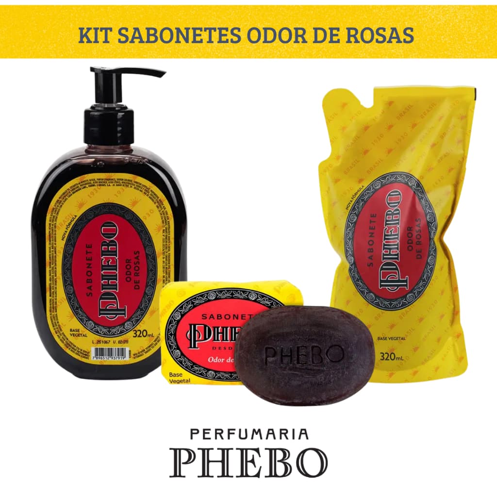 Kit Sabonete Líquido Phebo Odor de Rosas 320ml + Refil 320ml + Barra 90g