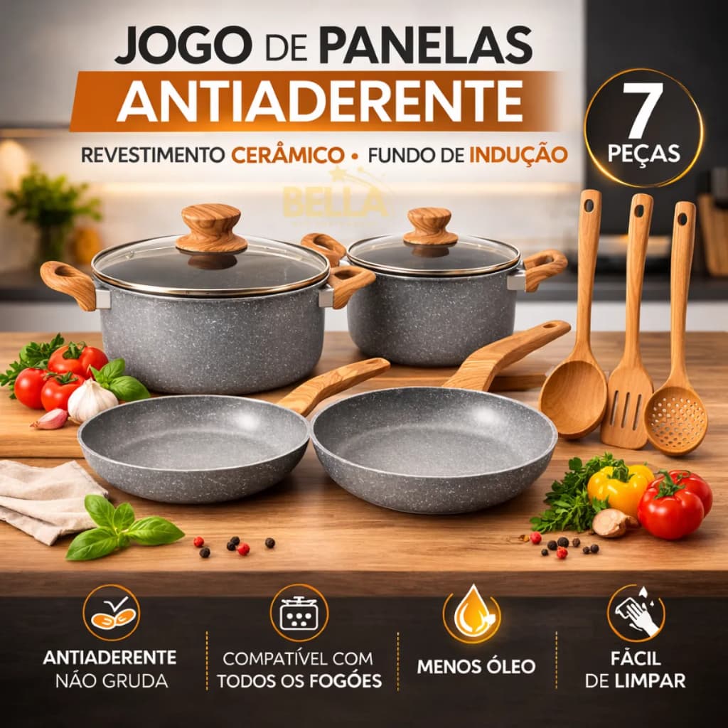 Kit Completo 4 Panelas Antiaderentes e 3 Utensílios Cozinha Fogão Gas Indução