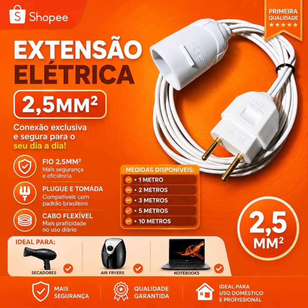Extensao 1/2/3/5/10 Metros Branca Fio 2X2,5mm Reforçado Grosso