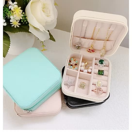 Mini Porta Joias Portátil de Viagem Couro Estojo Organizador de Joias Maleta Caixa Maquiagem Anel 💍