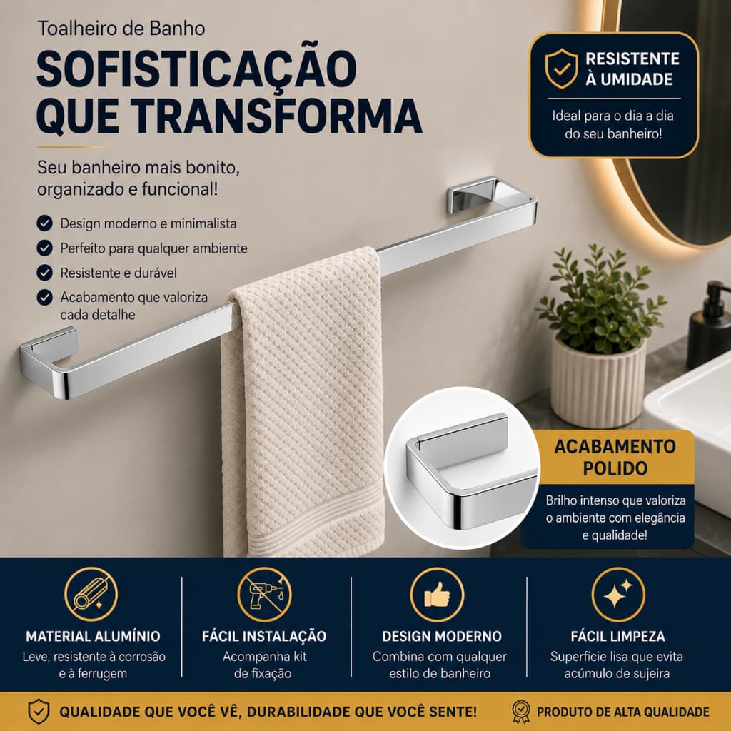 Porta Toalha de Banho Alumínio Polido Suporte Banheiro Moderno