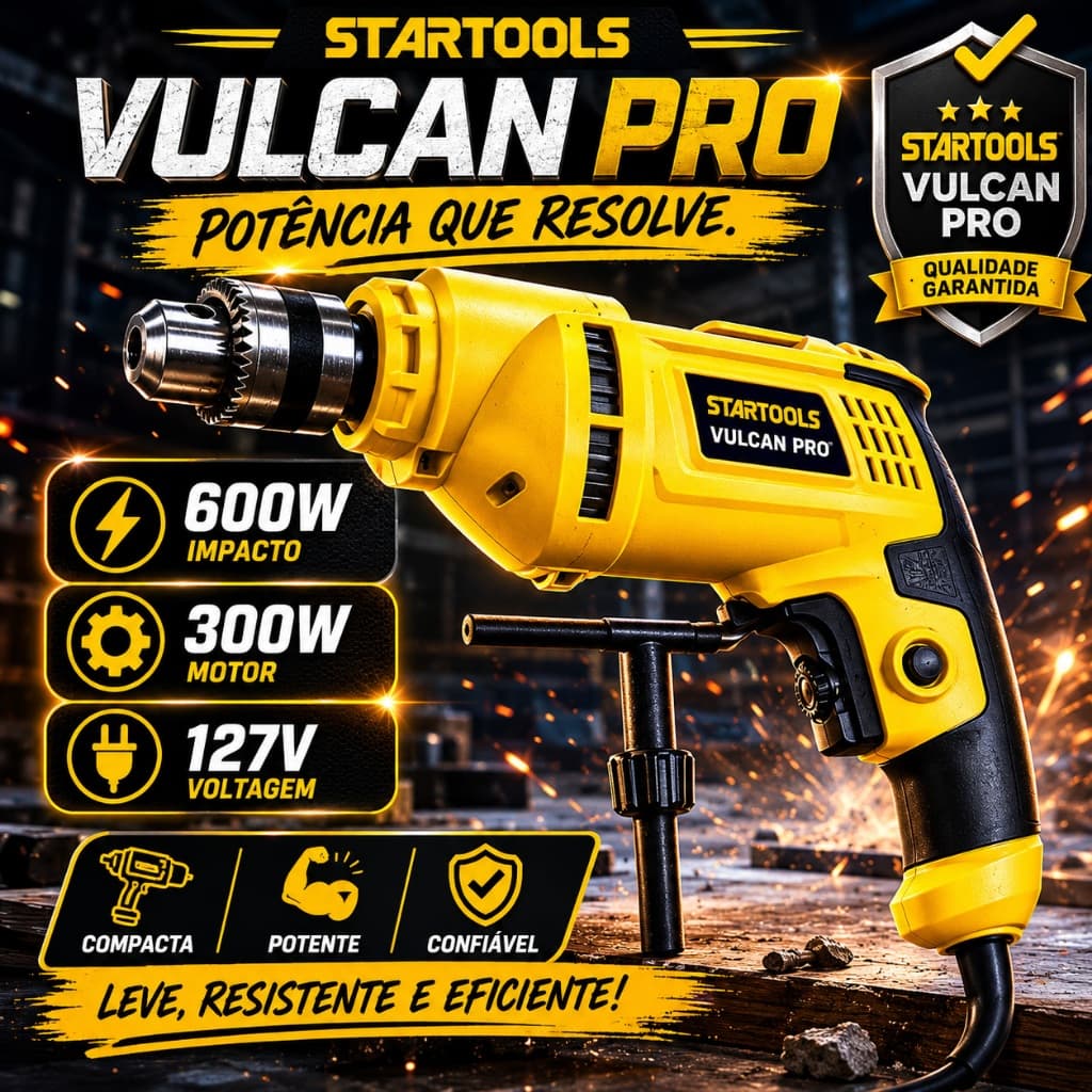 Furadeira de Impacto 127V 600W Compacta Mandril 10mm Reversível StarTools Vulcan Pro Para Madeira Metal Concreto Amarela