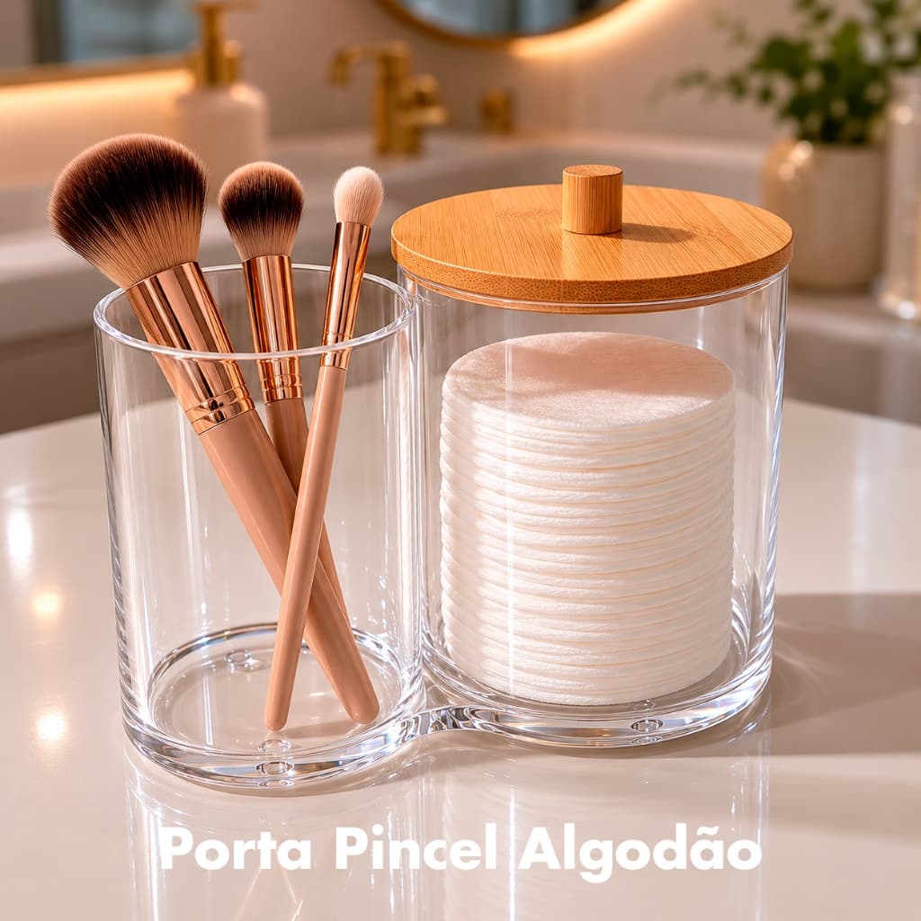 Organizador Porta Cotonete Algodão Duplo Maquiagem Bambu e Acrílico