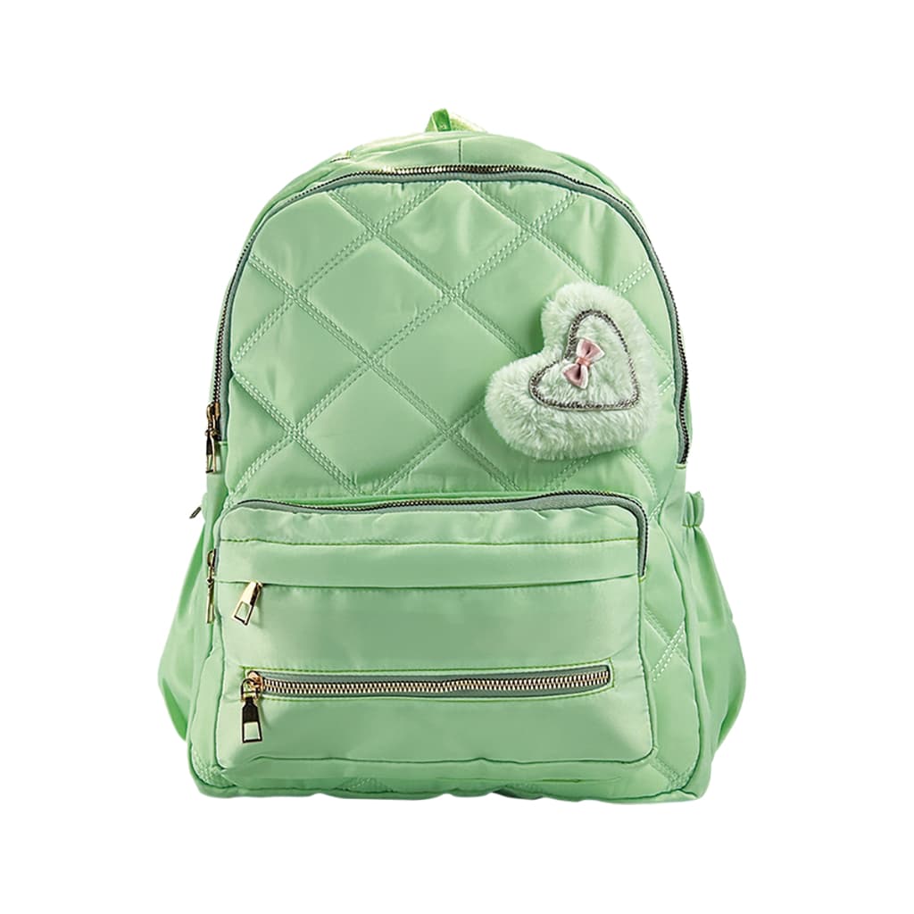 Mochila Escolar Feminina Matelassê com Coração Peluciado Verde Menta 44cm