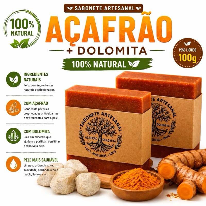 Sabonete de Açafrão + Dolomita 100g Natural | Remove Acne, Oleosidade e Espinhas | Com Camomila