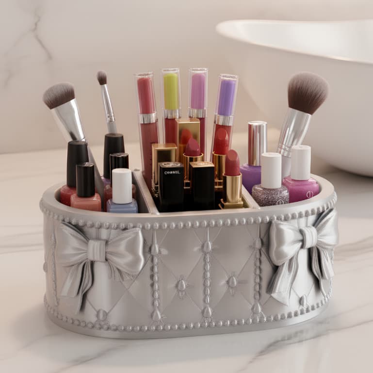 Porta Maquiagem Organizador Prateado Luxo Matelassê com Divisórias e Laços Decorativos Oval
