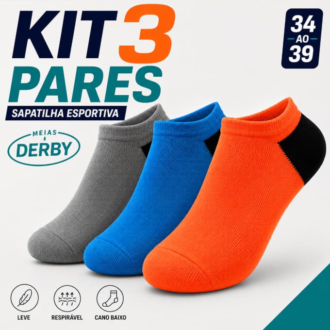 Kit 3 Pares Meia Sapatilha Esportiva Derby Masculina/Feminina Treino Academia