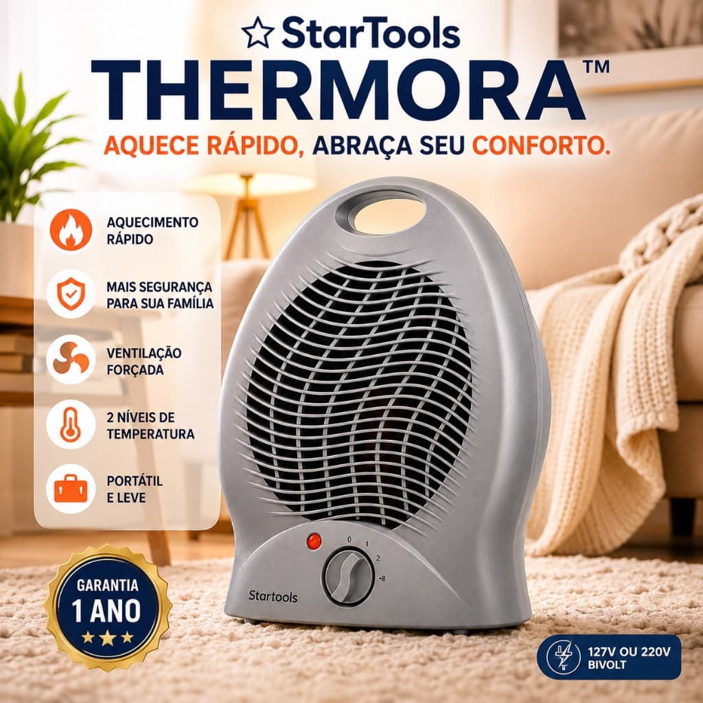 Aquecedor Elétrico Portátil StarTools Thermora 1000W 127V/2000W 220V Compacto Cinza Aquecimento Rápido 2 Níveis de Temp
