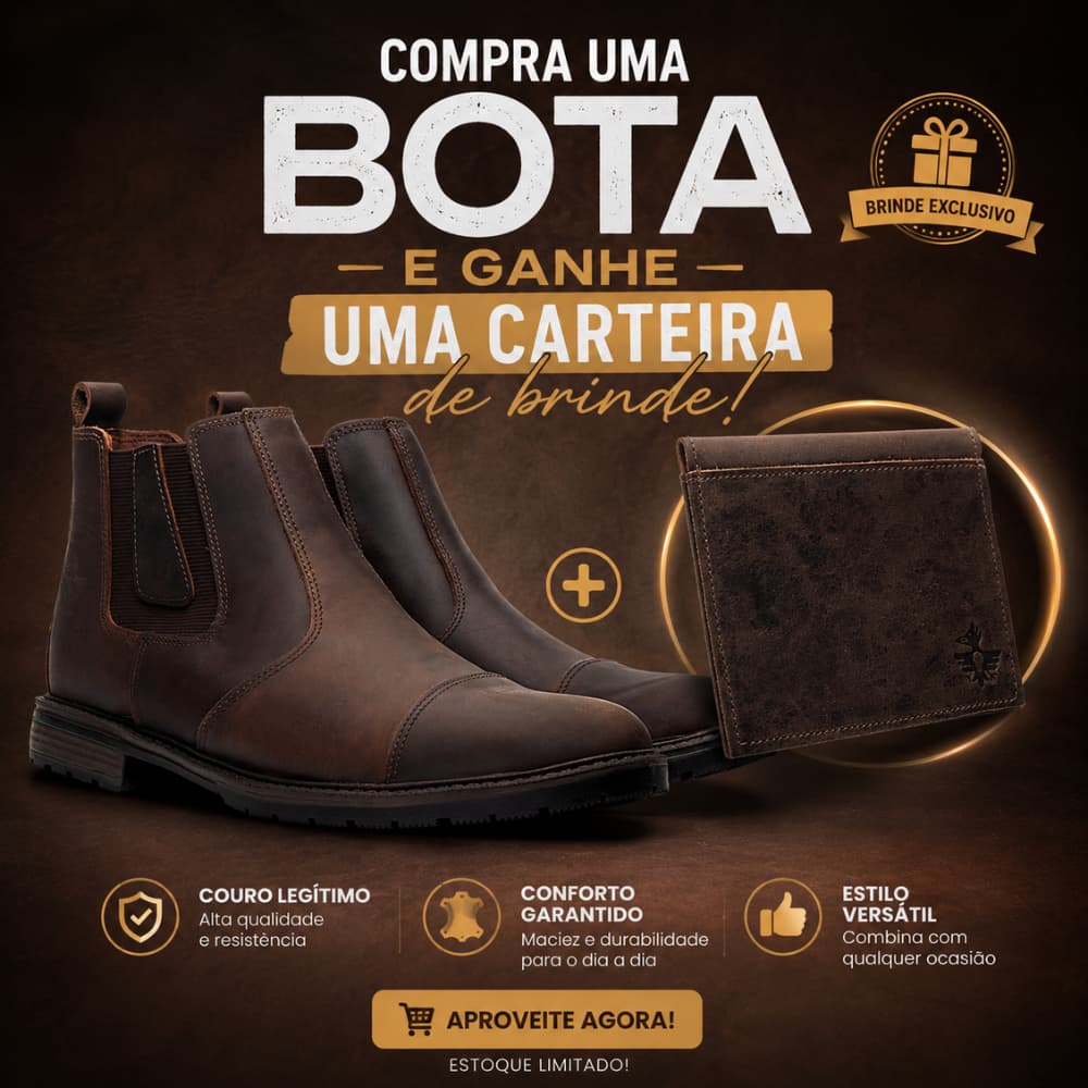 Botina Masculina em Couro Legítimo + Carteira Crazy Horse Confortável Trabalho Resistente Casual