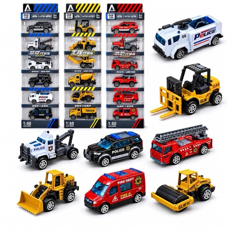 Kit Com 6 Carrinhos De Ferro Miniatura Polícia Construção Bombeiro Brinquedo