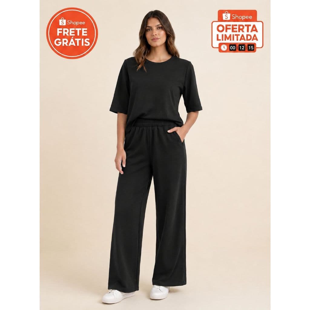 Conjunto Feminino Moletinho Elegante Blusa e Calça Pantalona Confortável Moda Casual Look Completo