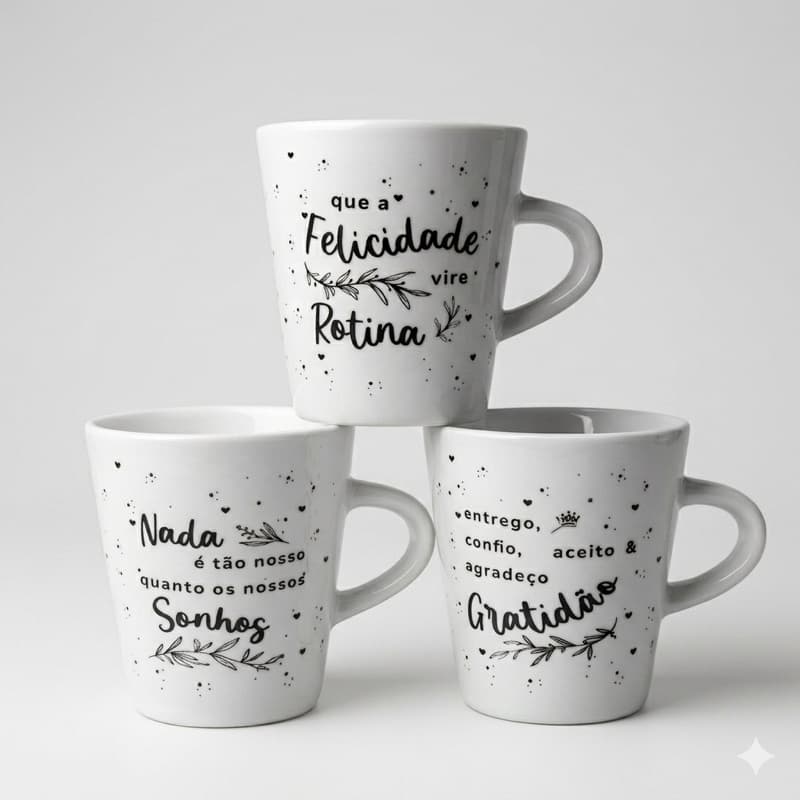 Kit Caneca Felicidade Rotina 120ml Porcelana Xicara Chá Café Presente Inspirador Frases Motivacionais