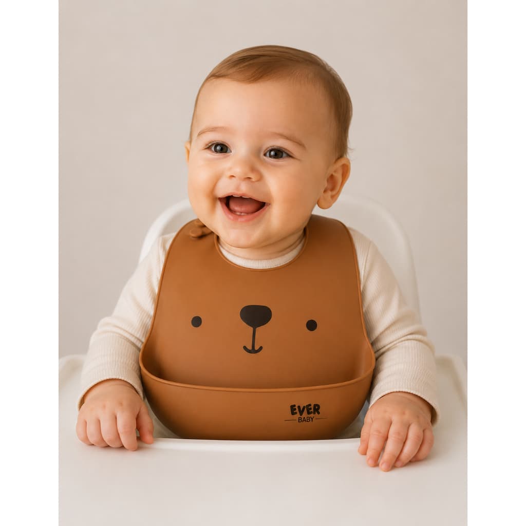 Babador De Silicone C/ Bolso Pega Migalhas Impermeável Urso Cor Marrom Tamanho U
