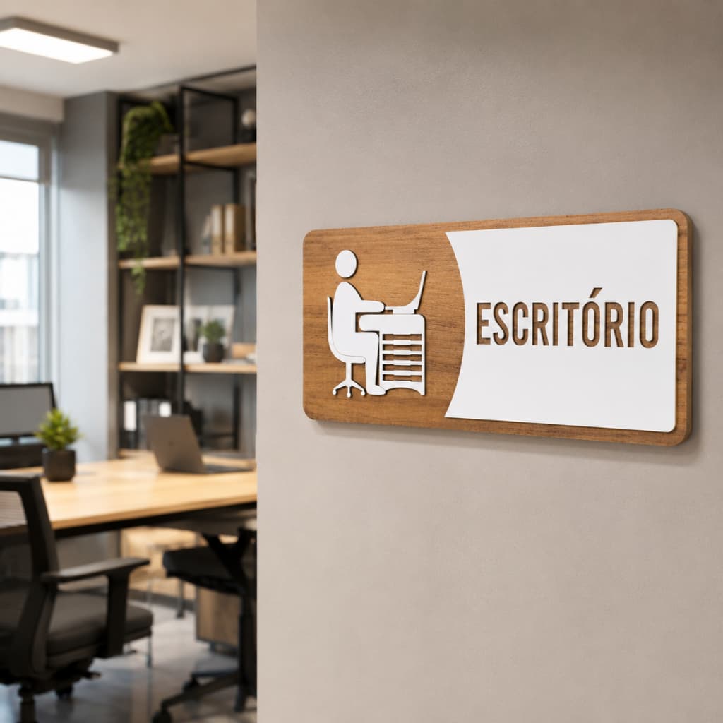 Placa de Sinalização Escritório MDF Alto Relevo 30x13cm Para Porta
