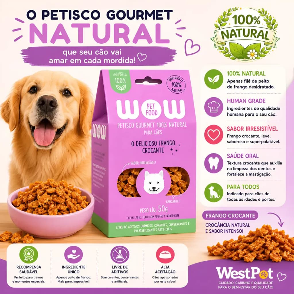 Petisco Natural Para Cachorro Wow Frango Crocante Desidratado 50g