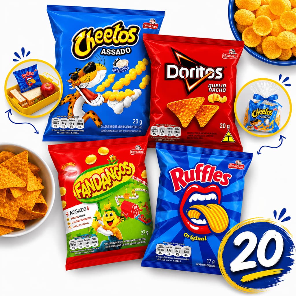 Kit 20 Salgadinhos Sortidos Elma Chips Doritos Cheetos Ruffles Fandangos Festa Lanche Lembrancinha Presente