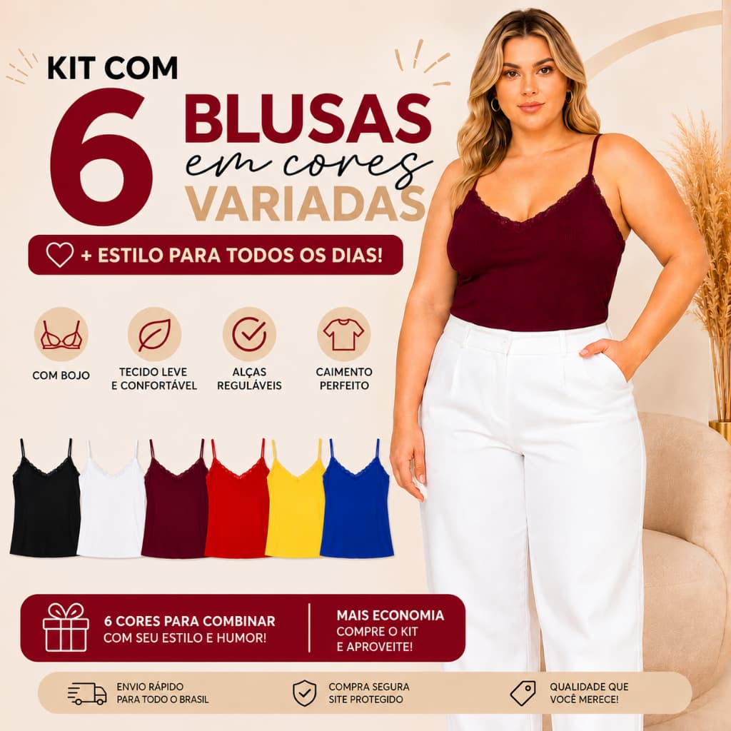 Kit 6 Blusas Femininas Viscolaycra Com Bojo Regta Basica de Alcinha