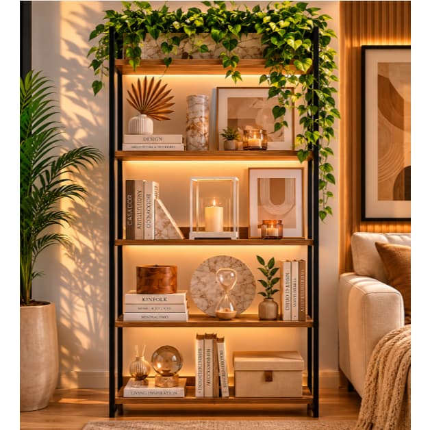 Estante Industrial 5 Prateleiras Madeira E Ferro Preta Para Sala Escritório Livros Decoração Moderna